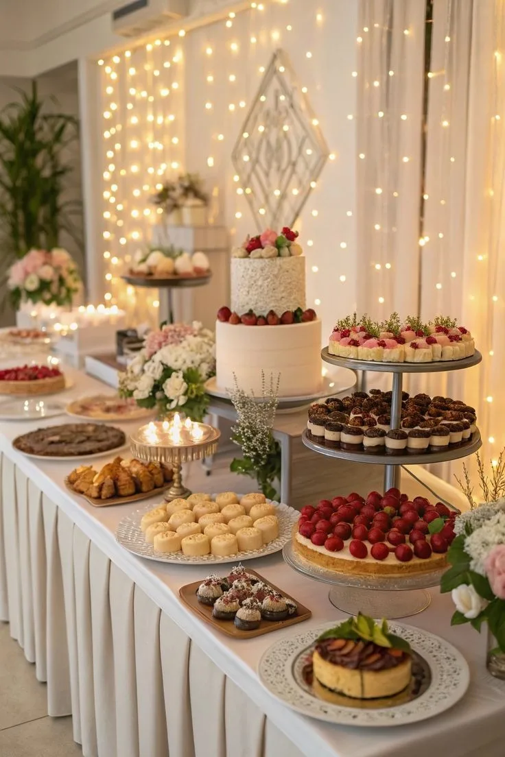 Dessert table with two-tier cake, strawberry cheesecake and tiered pastry stand under fairy lights by Simply Sweet Udaipur