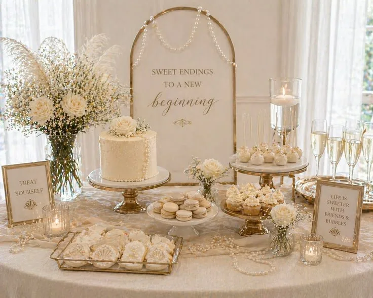 Ivory and gold wedding dessert table with pearl-trimmed cake, macarons and cupcakes by Simply Sweet Udaipur