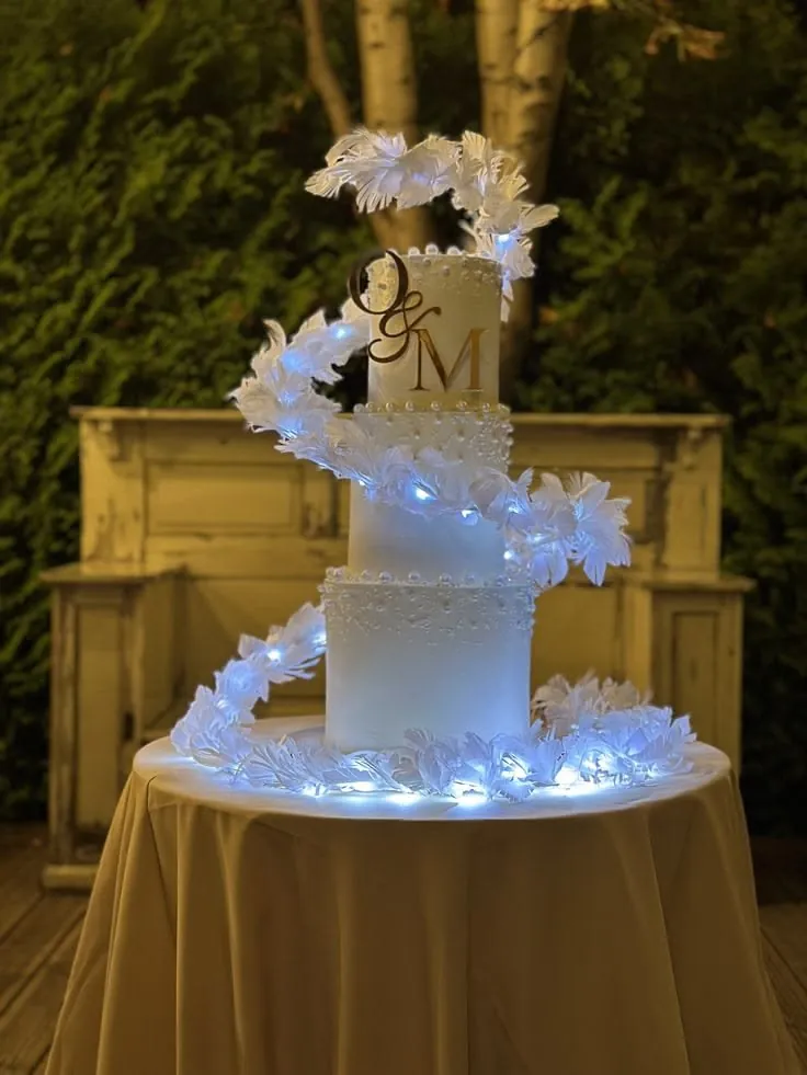 White monogram wedding cake with glowing LED feather spiral by Simply Sweet Udaipur