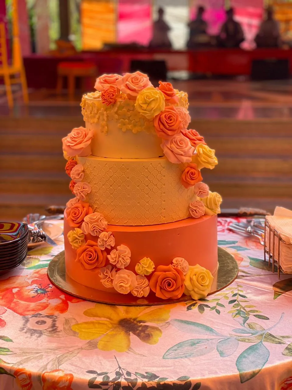 Ombre orange three tier wedding cake with sugar roses by Simply Sweet Udaipur