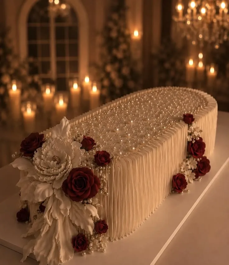 Pearl-studded ivory ruffle sheet wedding cake with sugar peony and red roses by Simply Sweet Udaipur