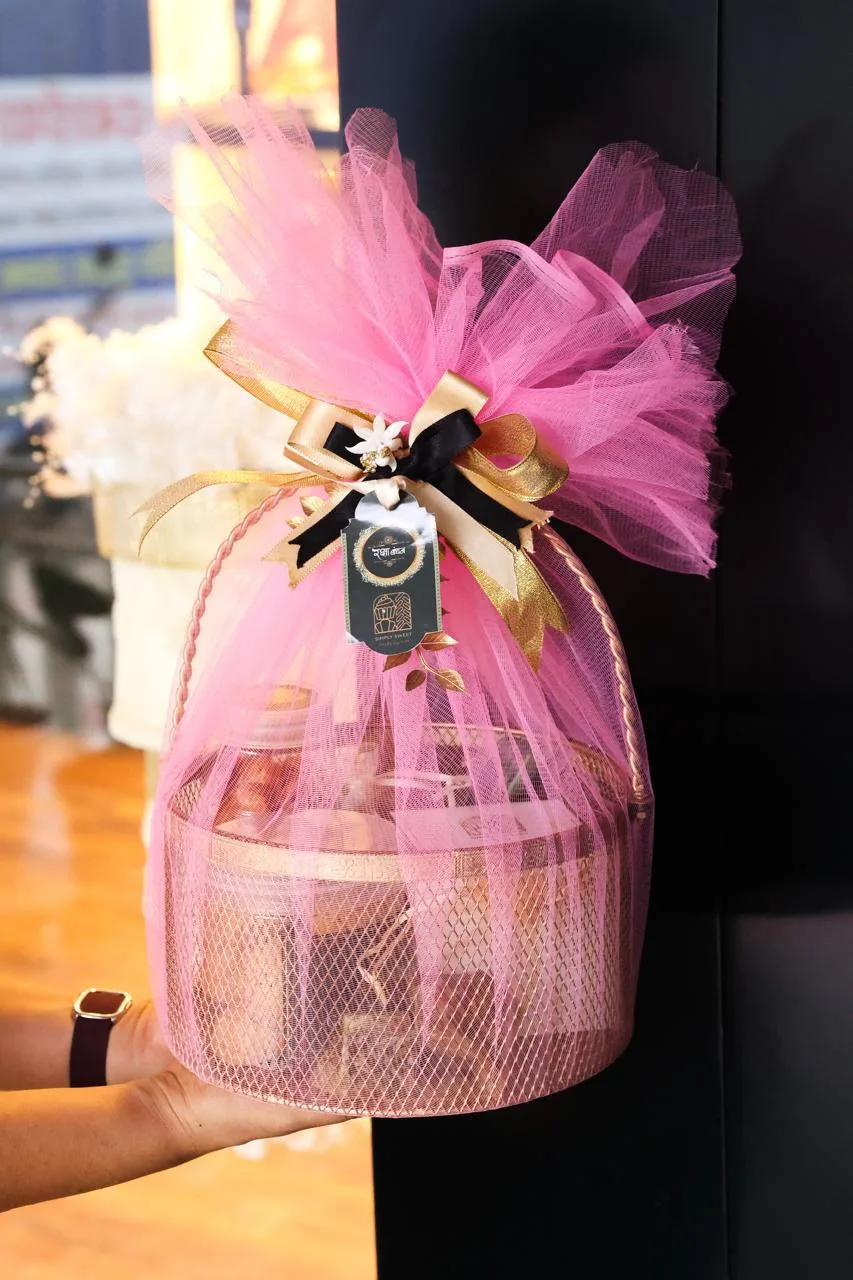 Tulle wrapped gift basket by Simply Sweet Udaipur