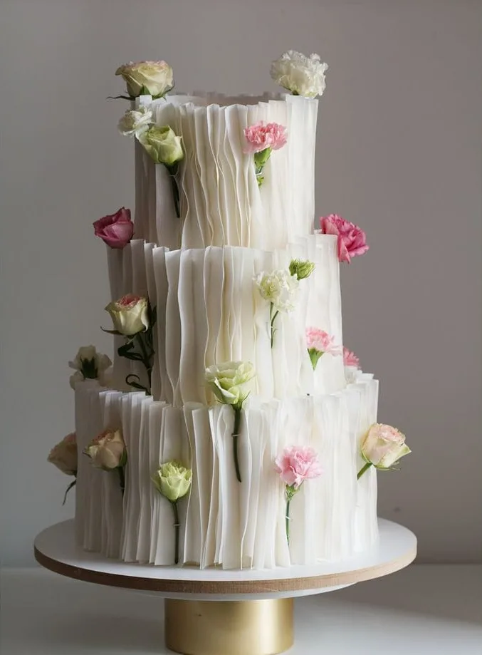 White ruffle wedding cake with fresh roses and carnations by Simply Sweet Udaipur